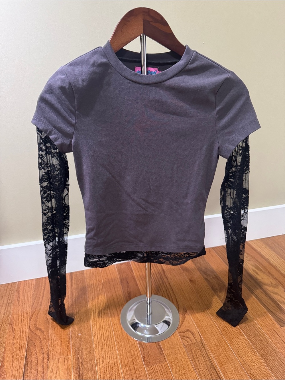 Edikted Gray Short Sleeve Tee with Black Lace Long Sleeves